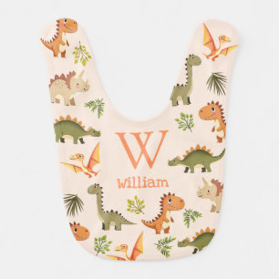 Cute Neutral Monogram Name Dinosaur Pattern Baby Bib