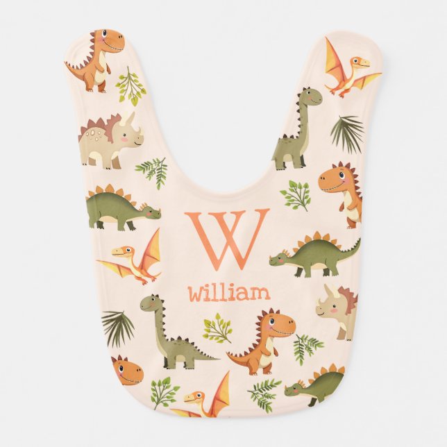 Cute Neutral Monogram Name Dinosaur Pattern Baby Bib (Front)