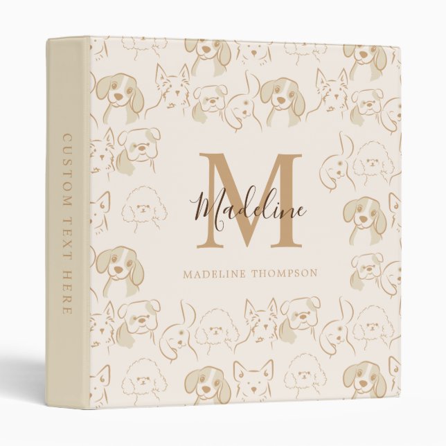 Cute Neutral Pop Dog Pattern Elegant Monogram 3 Ring Binder (Front/Spine)