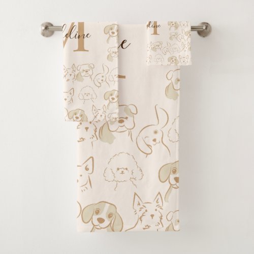 Cute Neutral Pop Dog Pattern Elegant Monogram Bath Towel Set