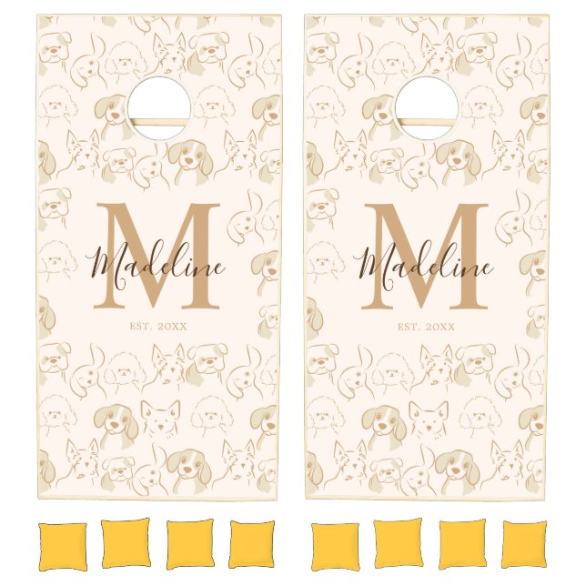 Cute Neutral Pop Dog Pattern Elegant Monogram Cornhole Set (Set)