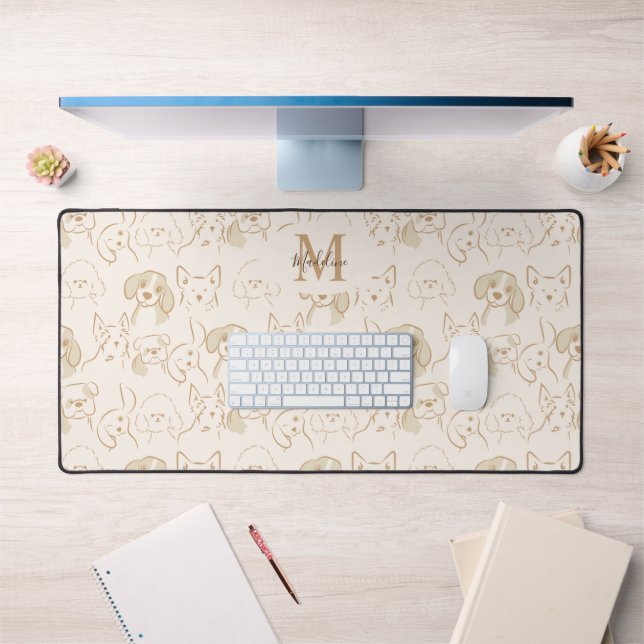 Cute Neutral Pop Dog Pattern Elegant Monogram Desk Mat (Office 1)