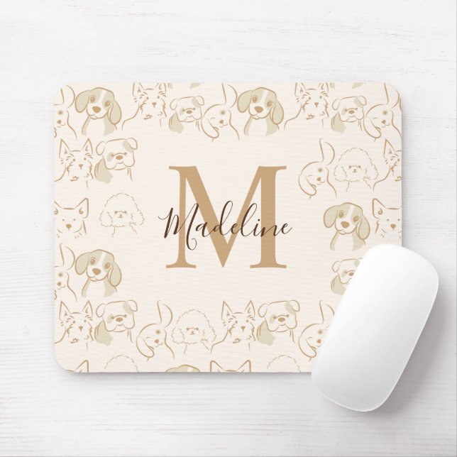 Cute Neutral Pop Dog Pattern Elegant Monogram Mouse Pad (With Mouse)
