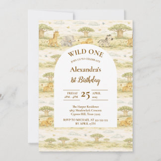 Cute Neutral Safari Animals First Birthday Invitation