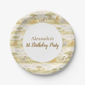 Cute Neutral Safari Animals First Birthday Paper Plates