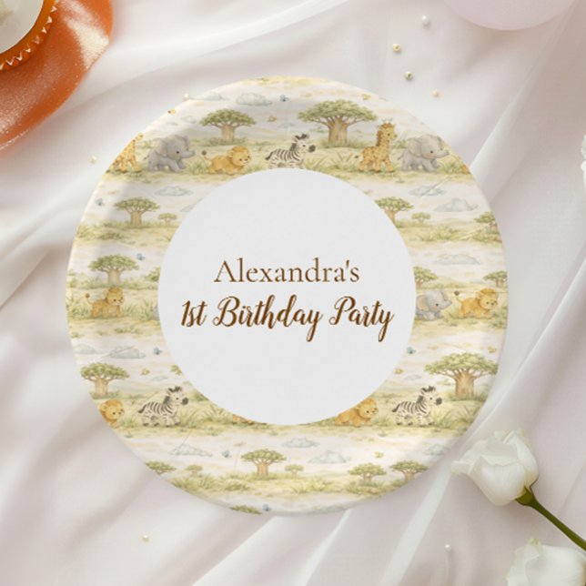 Cute Neutral Safari Animals First Birthday Paper Plates (Creator Uploaded)