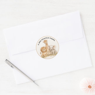 Cute Neutral Safari Animals Lion Giraffe Elephant Classic Round Sticker