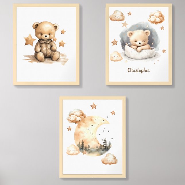 Cute neutral teddy bear brown hues 3 part wall art sets (Front)