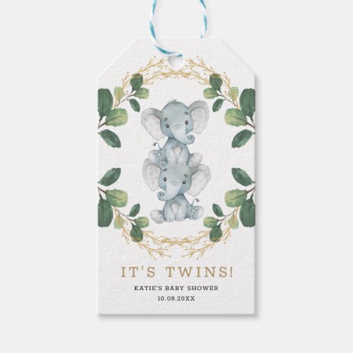 Cute Neutral Twins Elephant Greenery Baby Shower Gift Tags