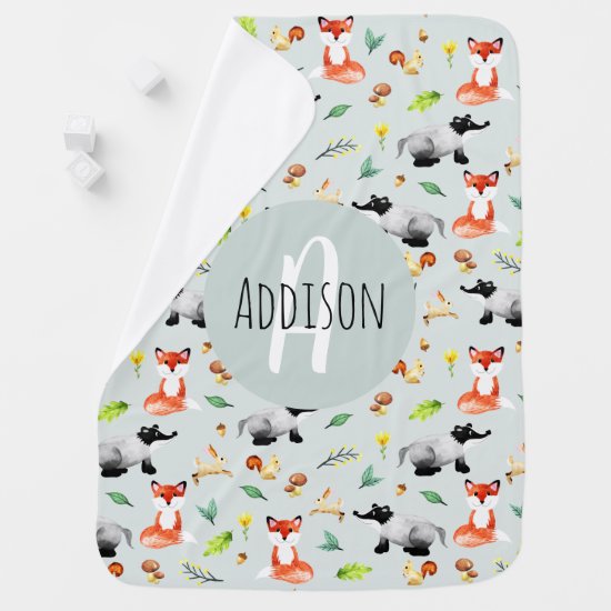 Cute Neutral Woodland Forest Animal Pattern Name Baby Blanket