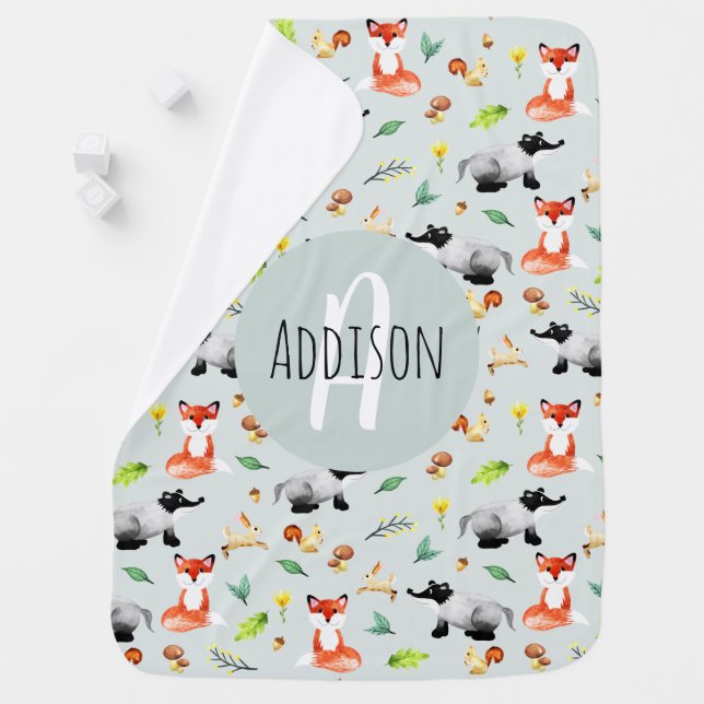 Cute Neutral Woodland Forest Animal Pattern Name Baby Blanket (In Situ)