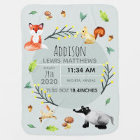 Cute Neutral Woodland Forest Animals Birth Stats Baby Blanket