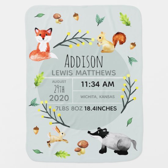Cute Neutral Woodland Forest Animals Birth Stats Baby Blanket