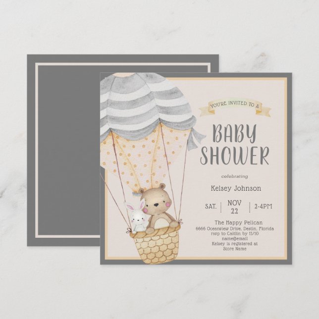 Cute Neutral Woodland Zoo Animals Baby Shower Invitation (Front/Back)