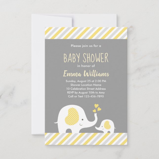 Cute Neutral Yellow Gray Elephant Baby Shower Invitation (Front)