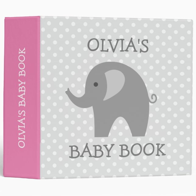 Cute new baby binder with pink and grey elephant (Front/Spine)