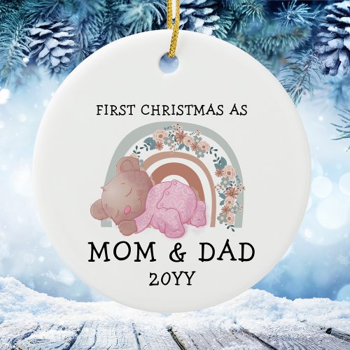 Cute New Baby Girl Mom Dad First Christmas Ceramic Ornament