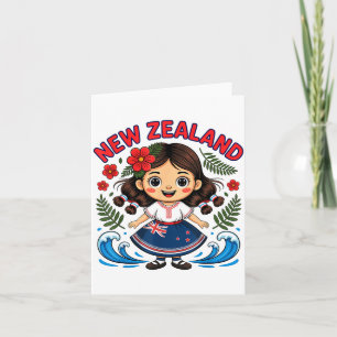 Cute New Zealand Girl With Fern And Waves Dor Kids Card