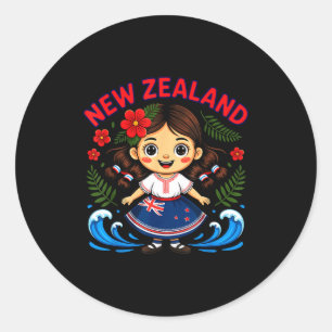 Cute New Zealand Girl With Fern And Waves Dor Kids Classic Round Sticker