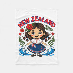 Cute New Zealand Girl With Fern And Waves Dor Kids Fleece Blanket