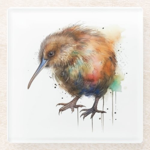 Cute New Zealand Kiwi bird in brown watercolor Glass Coaster