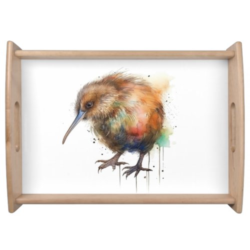 Cute New Zealand Kiwi bird in brown watercolor Serving Tray