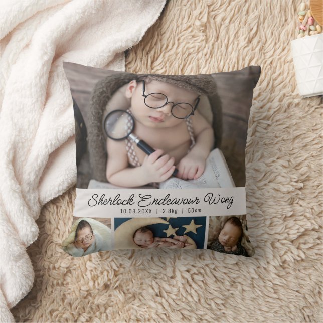 Cute Newborn Baby Photo Birth Stats Throw Pillow (Blanket)