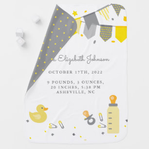 Cute Newborn Baby Stats Boy Girl White Yellow Gray Baby Blanket
