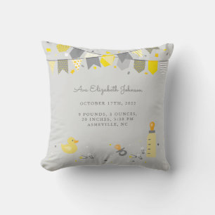 Cute Newborn Baby Stats Keepsake Gray Yellow Throw Pillow