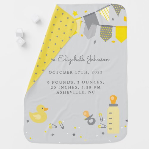 Cute Newborn Baby Stats Keepsake Gray Yellow White Baby Blanket