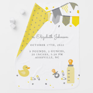 Cute Newborn Baby Stats Keepsake White Gray Yellow Blanket