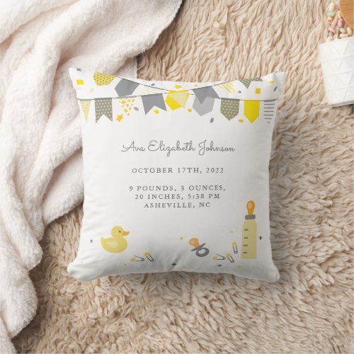 Cute Newborn Baby Stats Keepsake White Gray Yellow Throw Pillow