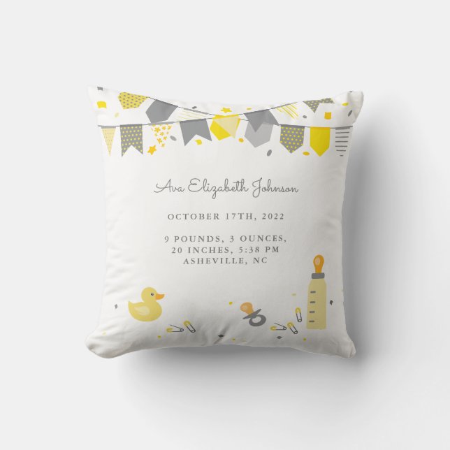 Cute Newborn Baby Stats Keepsake White Yellow Gray Throw Pillow (Front)
