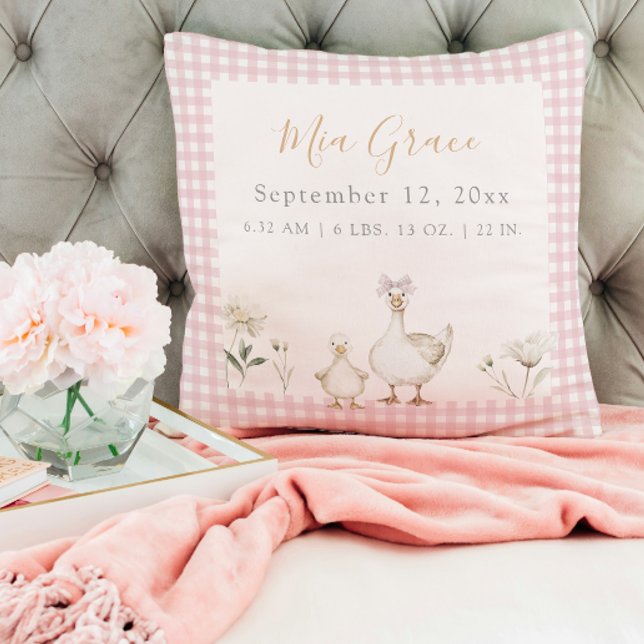 Cute Newborn Keepsake Birth Stats Pink Photo Throw Pillow (Creator Uploaded)
