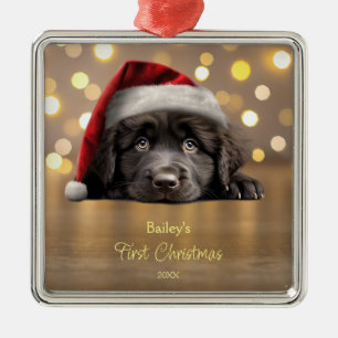 Cute Newfoundland Dog Santa Hat Personalized  Metal Ornament