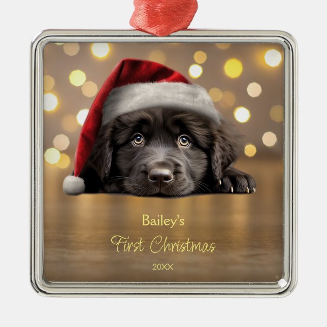 Cute Newfoundland Dog Santa Hat Personalized  Metal Ornament (Front)