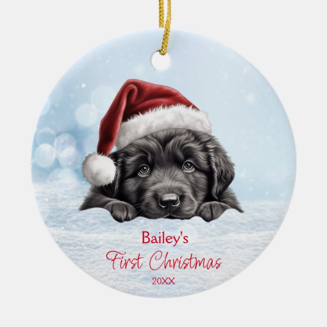 Cute Newfoundland Dog Snow Santa Hat 1st Christmas Ceramic Ornament (Front)