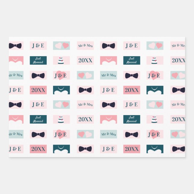 Cute Newlyweds Mr and Mrs Initials White  Wrapping Paper Sheets (Front)