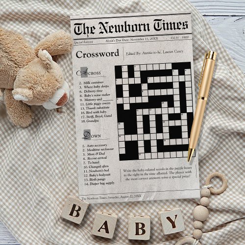 Cute Newspaper Baby Shower Crossword Puzzle Game