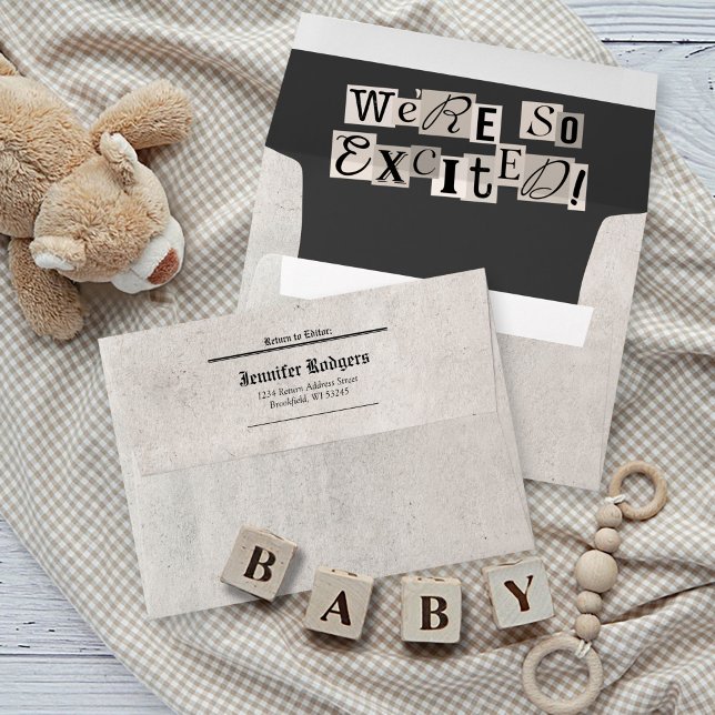 Cute Newspaper Baby Shower Invitation Addressed Envelope (We're so excited The Newborn Times newspaper baby shower invitation return addressed envelope)