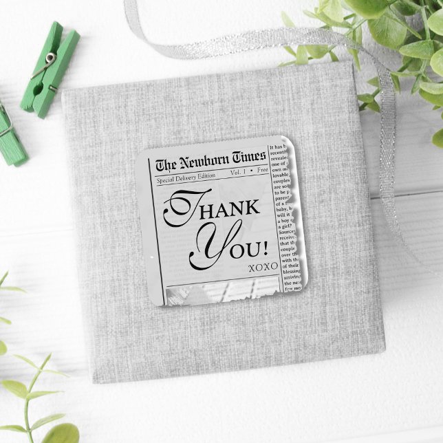 Cute Newspaper Baby Shower Thank You Favor Sticker (The Newborn Times cute newspaper style baby shower thank you favor sticker, trendy, modern, closure)