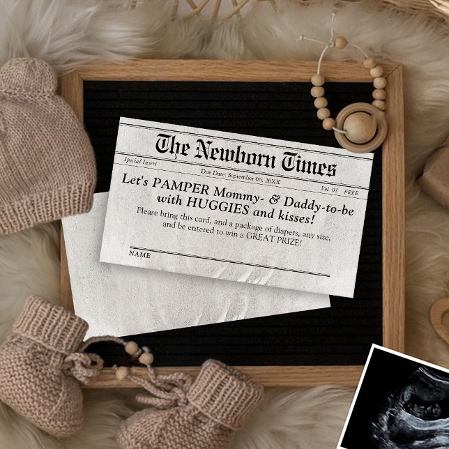 Cute Newspaper Diaper Raffle Shower Insert Card (Cute The Newborn Times newspaper Couple's baby shower invite diaper raffle puns ticket insert card )