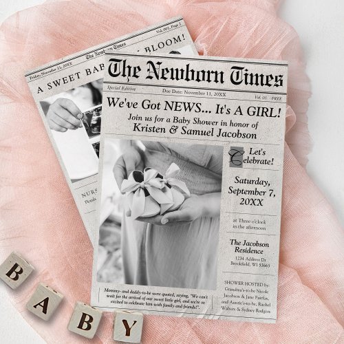 Cute Newspaper Photo Girl Baby Shower Invitation