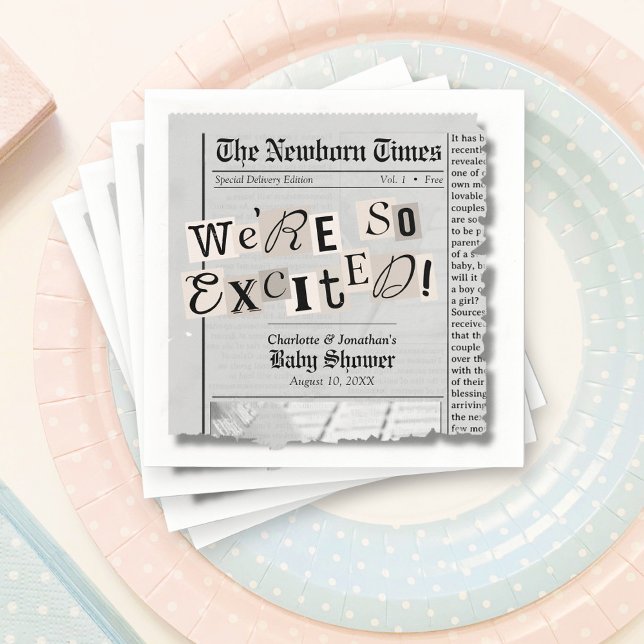 Cute Newspaper The Newborn Times Baby Shower Napkins (Cute The Newborn Times newspaper gender neutral baby shower paper napkins, table decorations)