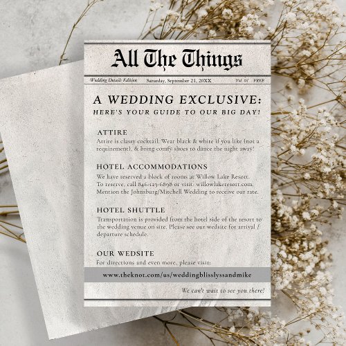 Cute Newspaper Wedding Day Details Enclosure Card