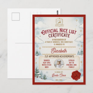 Cute Nice List Red Winter Photo Santa Certificate Postcard