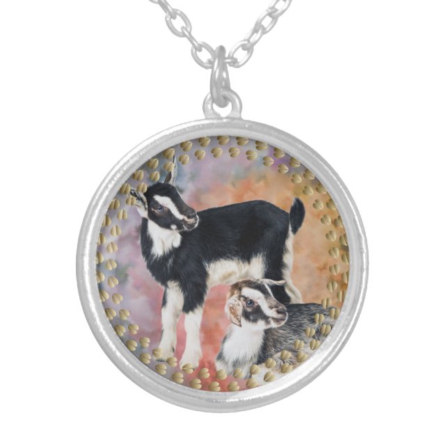 Cute Nigerian Dwarf Kid Goats Portrait Silver Silver Plated Necklace (Front)