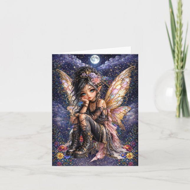 Cute Night Fairy  Floral Blank Note Card (Front)