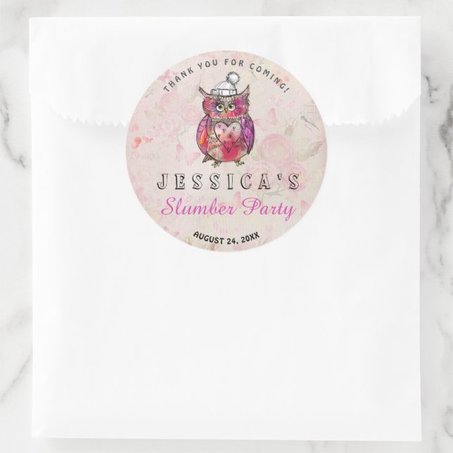 Cute Night Owl Birthday Slumber Party Thank You Classic Round Sticker (Bag)