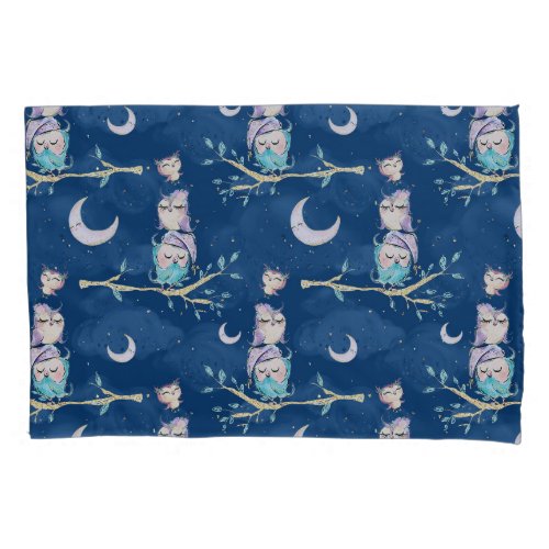 Cute Night Owls Glitter Moon Pink Blue Starlight Pillow Case